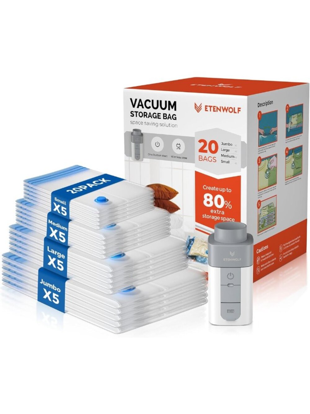 20 Vacuum Storage Bags with Wireless Pump | Space Saver for Travel & Clothing